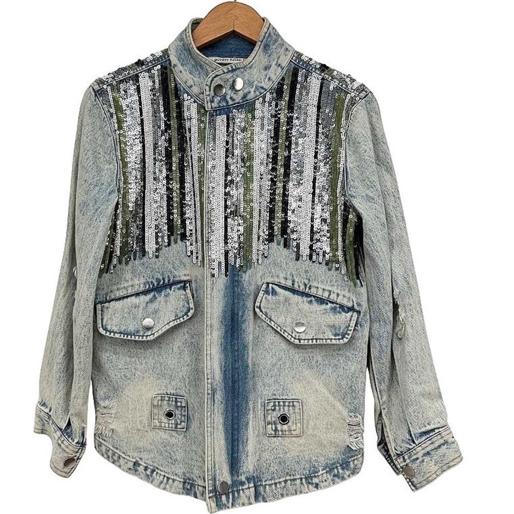 Given Kate Sequin Embellished Denim Jacket Distressed Acid Wash Fancy Western XS